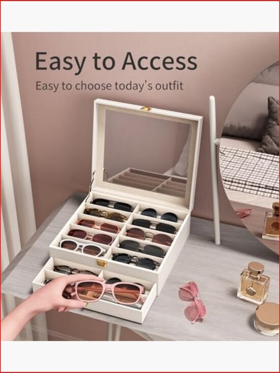 20-Slot Sunglass Organizer with UV-Blocking Lid, PU Leather Eyeglass Storage Box